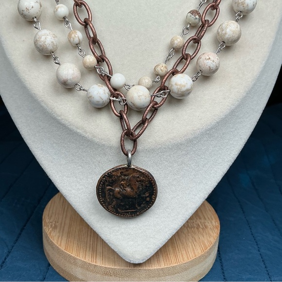 Triple Layer Necklace with Vintage Greek Coin and Rustic Howlite Beads - 17” - Picture 10 of 12